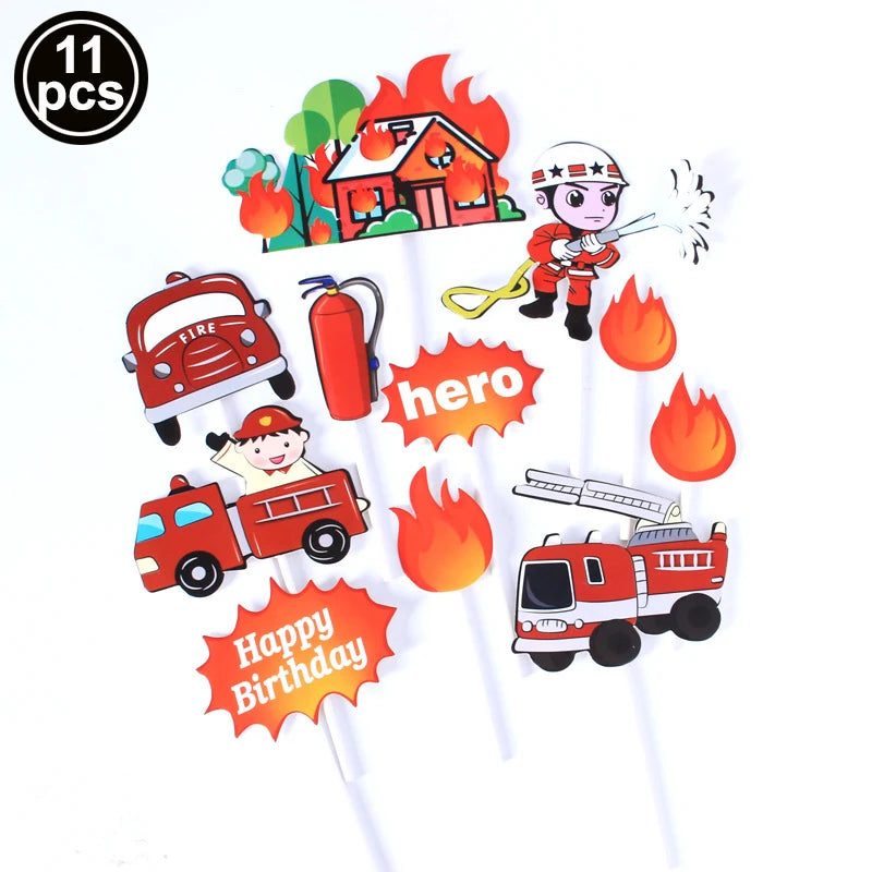 Fireman Cake Topper Cupcake Toppers Fire Hydrant Truck Firefighter Helmet Theme for Kids Boy Girl Happy Birthday Cake Decoration
