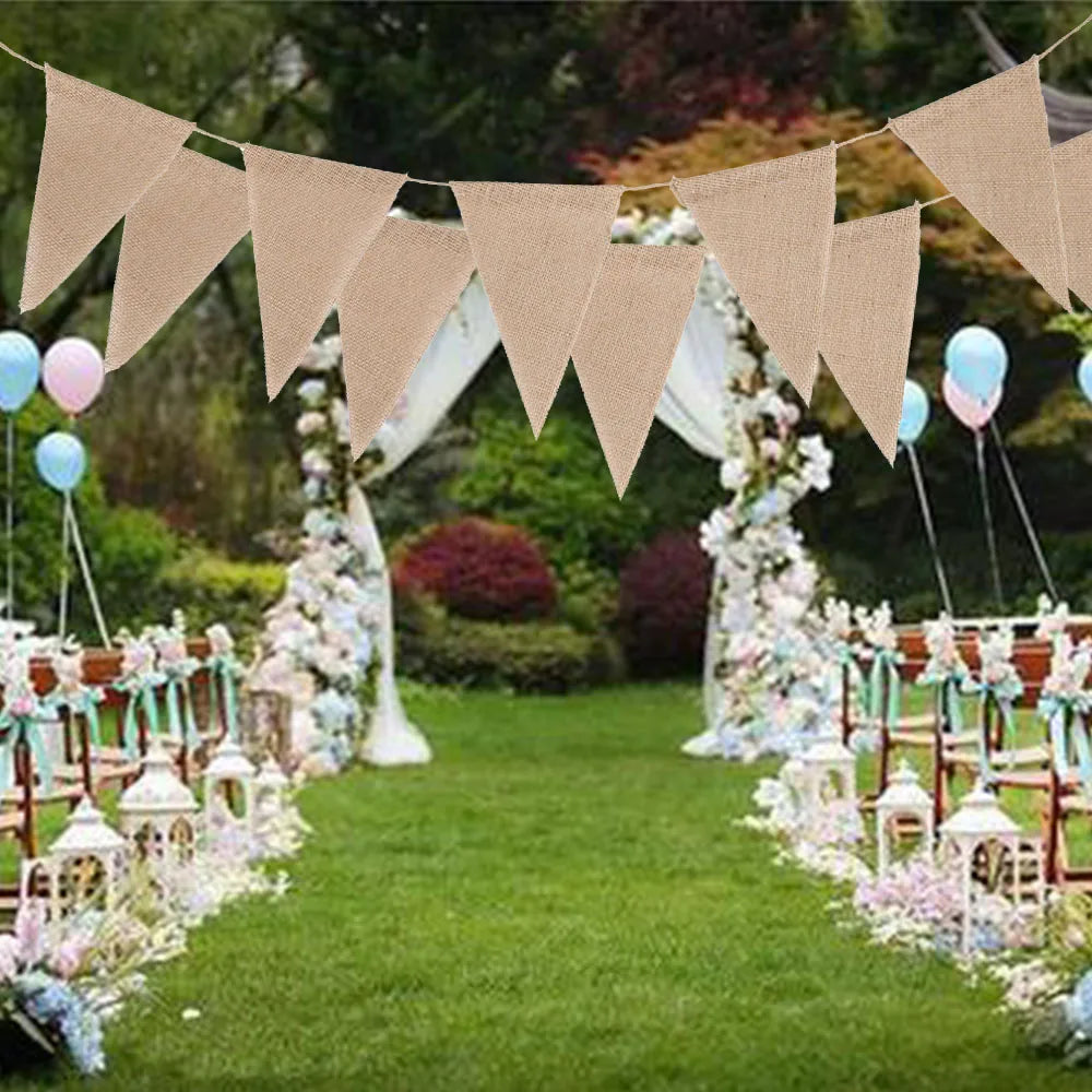 10M Burlap Flags Banner Triangle Bunting Flags Pennant Banner Brown Flags String Party Hanging Decor Supplies for Celebration