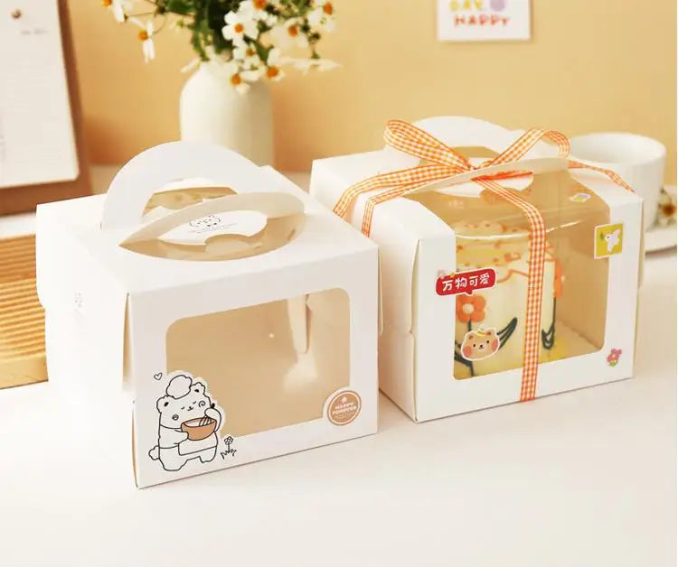 100Pcs 4 Inch Cartoon Window White Cake Box With Handle Kraft Paper Cheese Cake Box Kids Birthday Wedding Home Party Supply SN