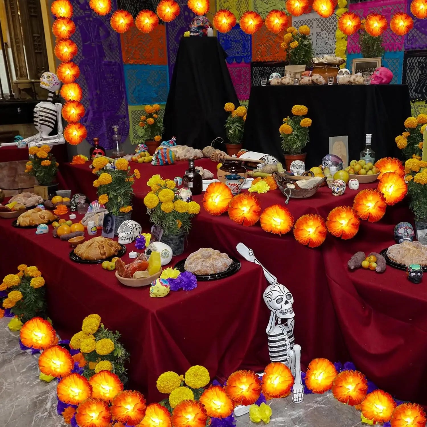 Halloween Marigold LED Lights Battery Operated Garland String Lights Diwali Outdoor Indoor Decoration Artificial Marigold Flower