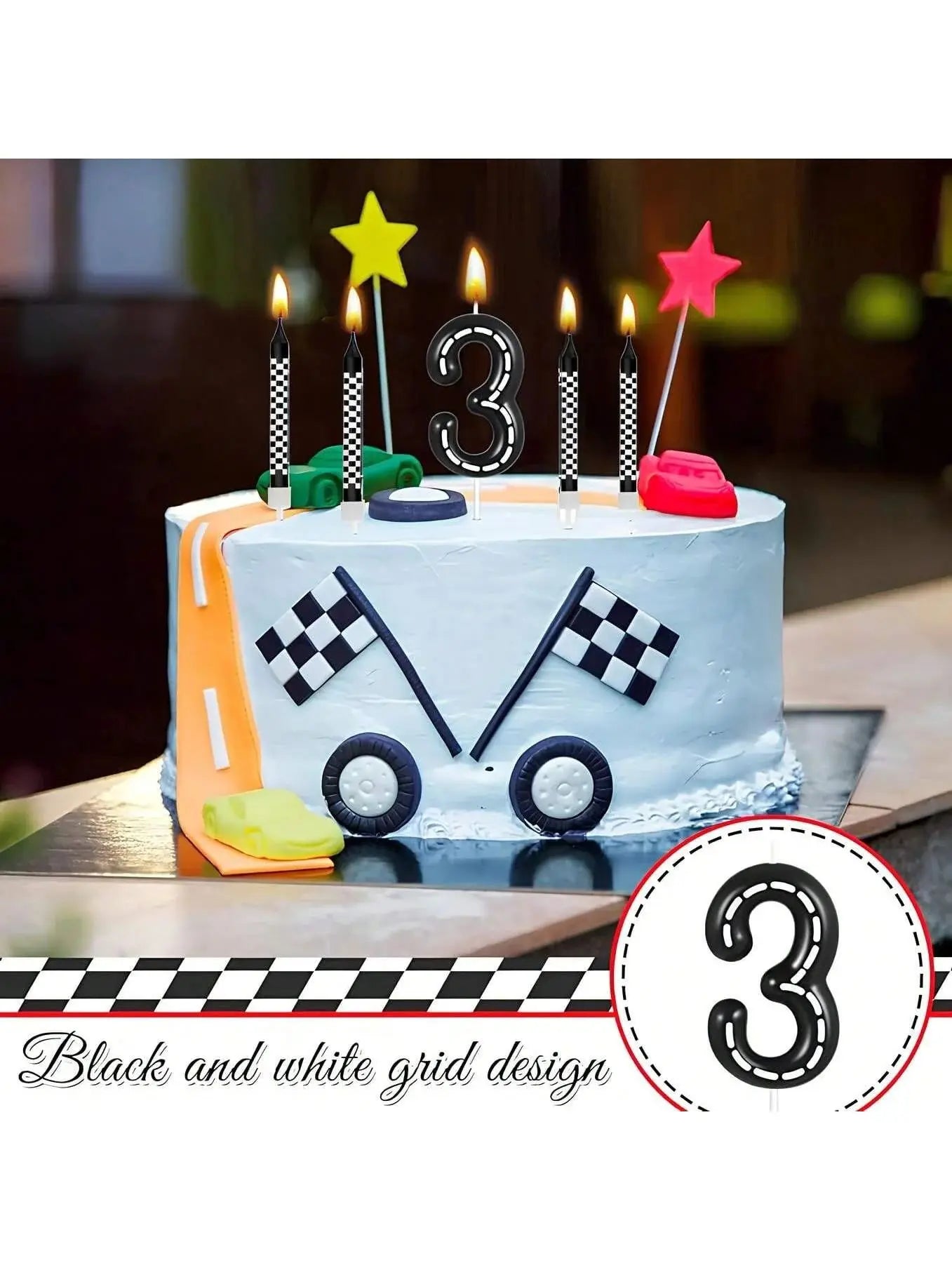 7pcs Racing Car Birthday Candles – Number & Truck Cake Toppers with Black and White Checkered Design