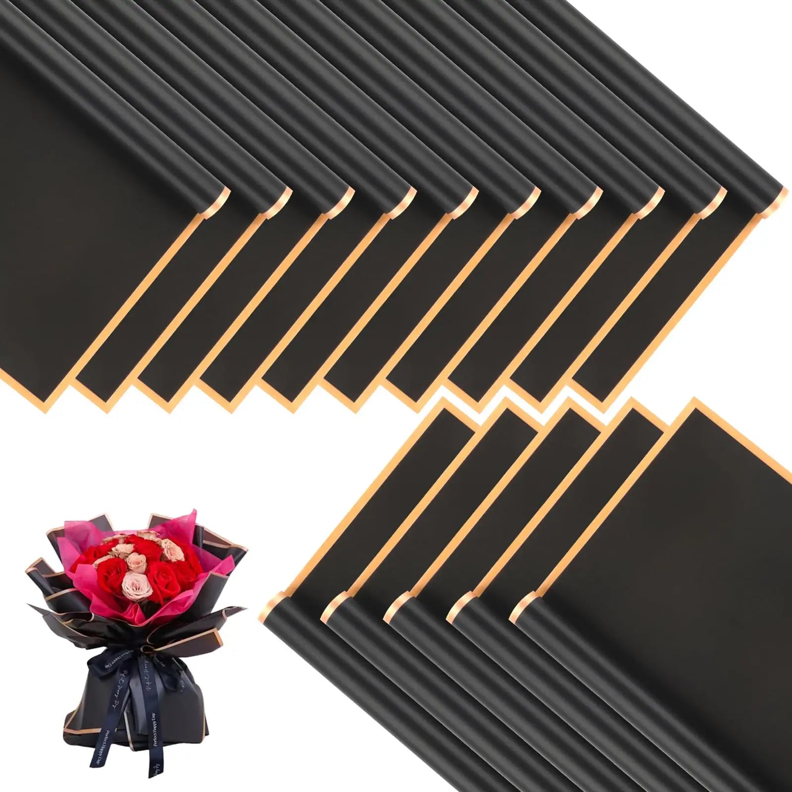 20 Sheets Pink Flower Wrapping Paper with Golden Edges, Waterproof Packaging, Ideal for DIY Crafts, Wedding Bouquets, Weddings