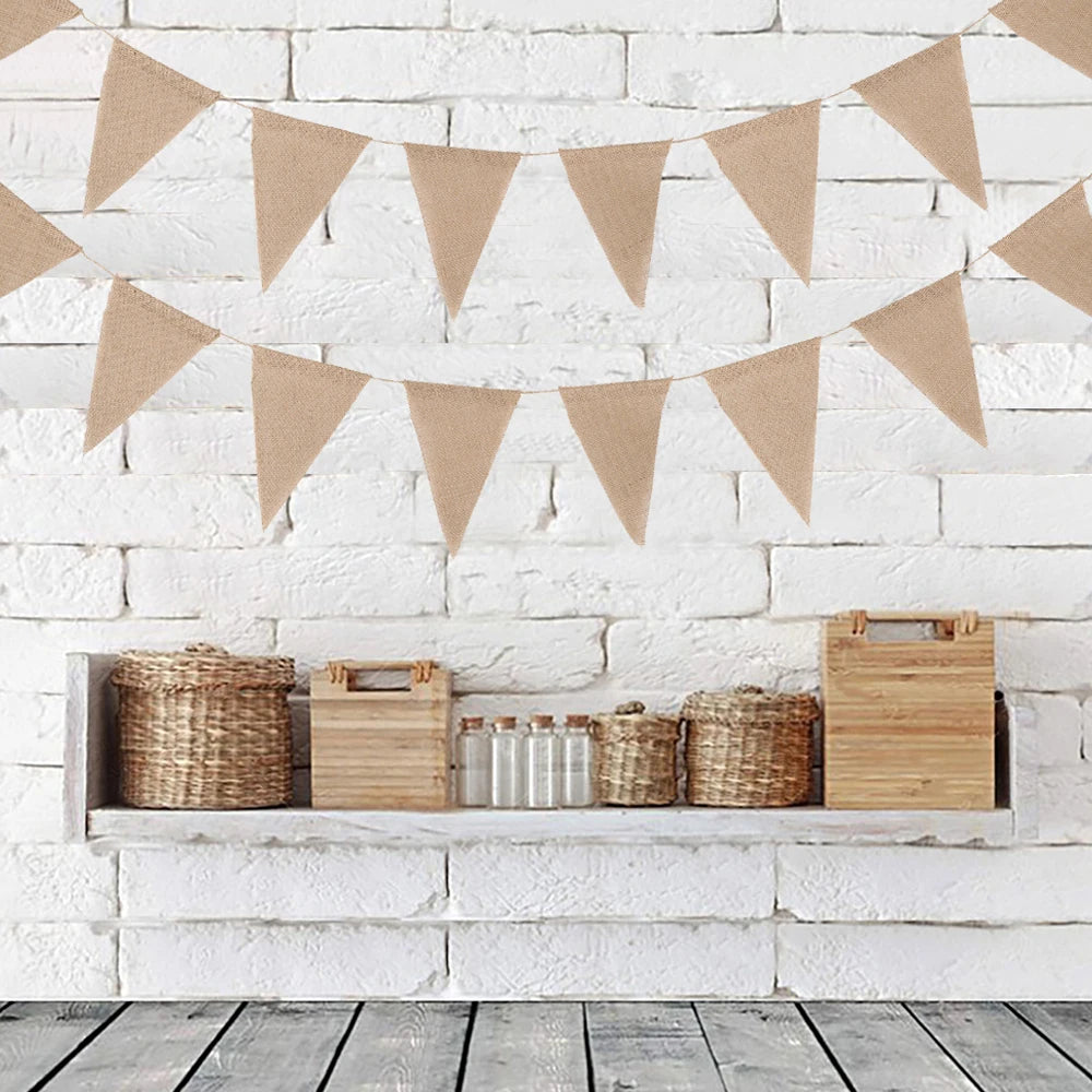10M Burlap Flags Banner Triangle Bunting Flags Pennant Banner Brown Flags String Party Hanging Decor Supplies for Celebration