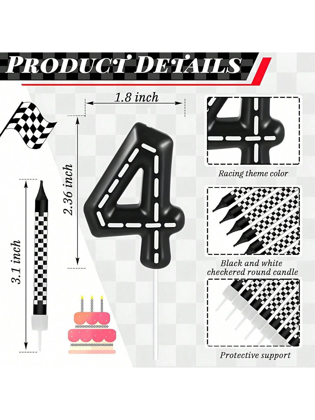 7pcs Racing Car Birthday Candles – Number & Truck Cake Toppers with Black and White Checkered Design