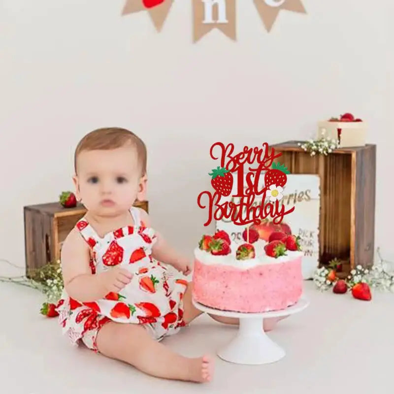 1set Strawberry Cake Topper Happy Birthday Decoration Girl 1st Birthday Party Baby Shower Cake Baking Decoration Supplies