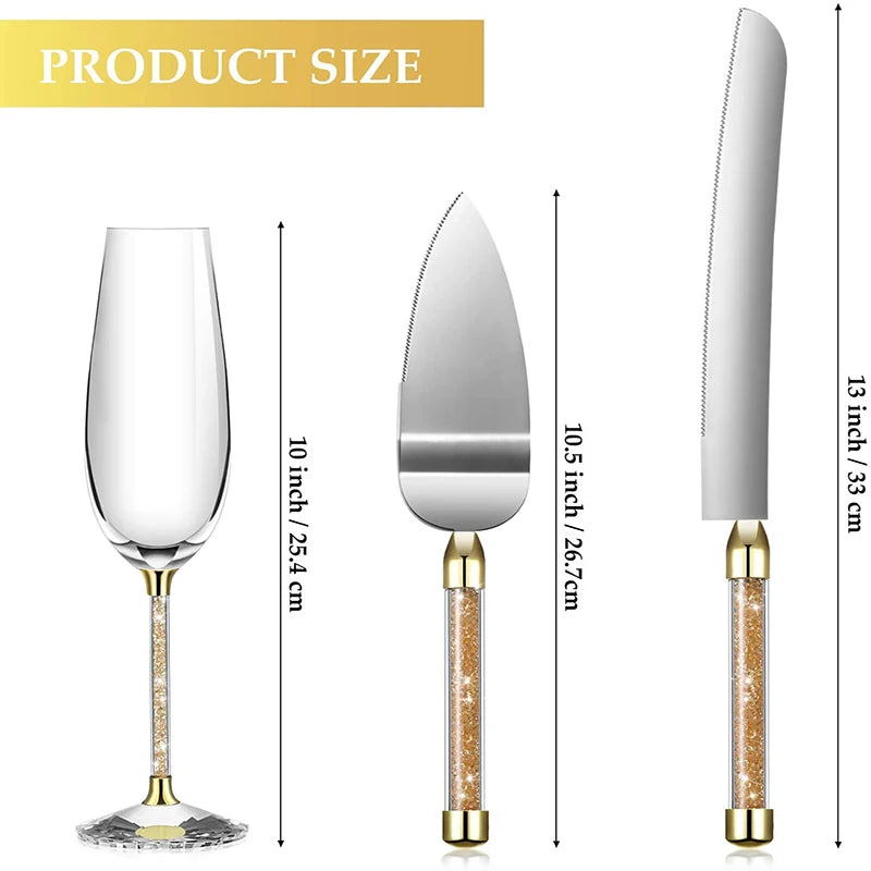 4 Pcs Including 2 Champagne Glasses 1 Knife and 1 Shovel in box Wedding Toasting Flutes Cake Server Set Glittering Bead Supplies