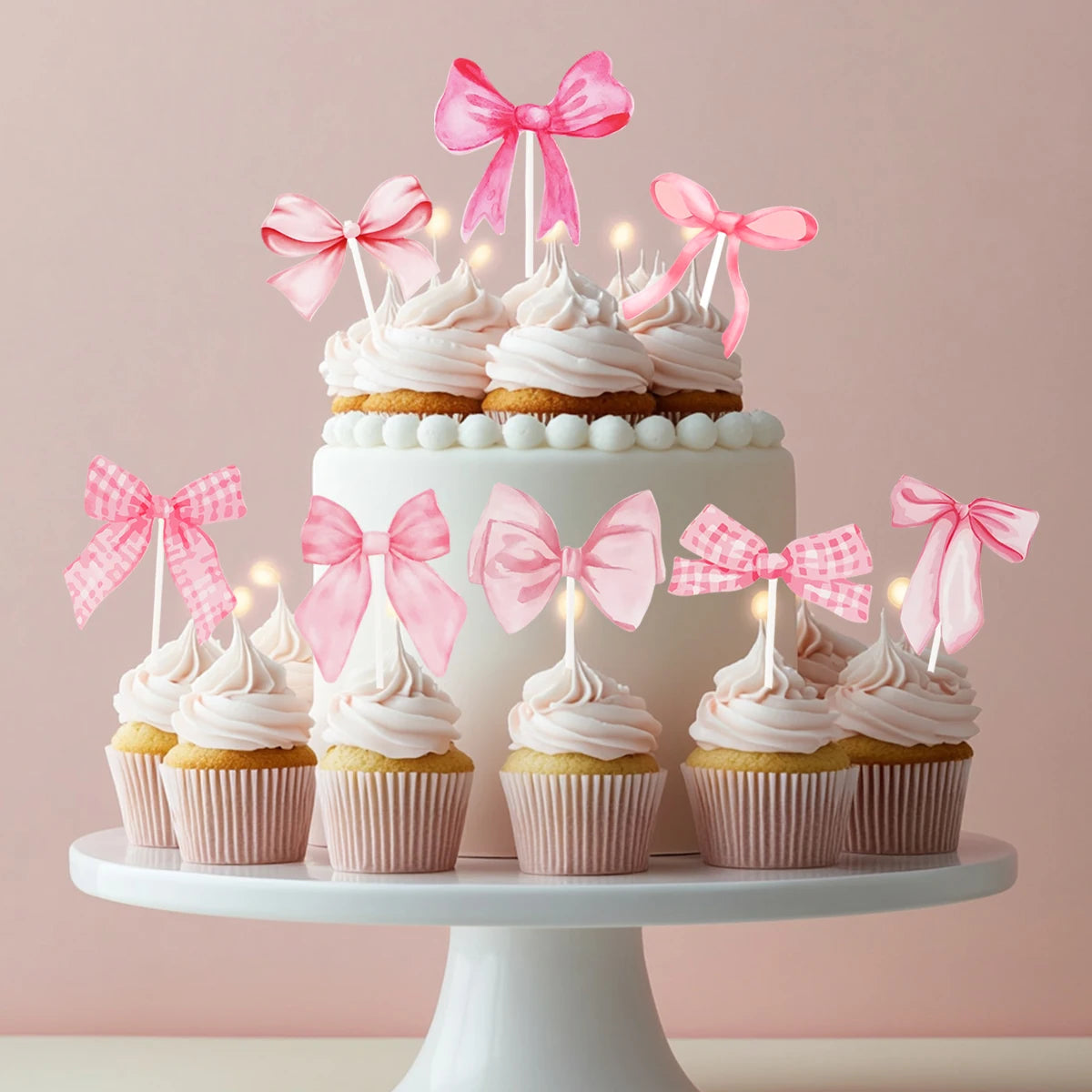 16pcs Pink Bow Shaped Cake Topper Happy Birthday Party Decoration Kids Girl Wedding Baby Shower Party Supplies Cupcake Decor