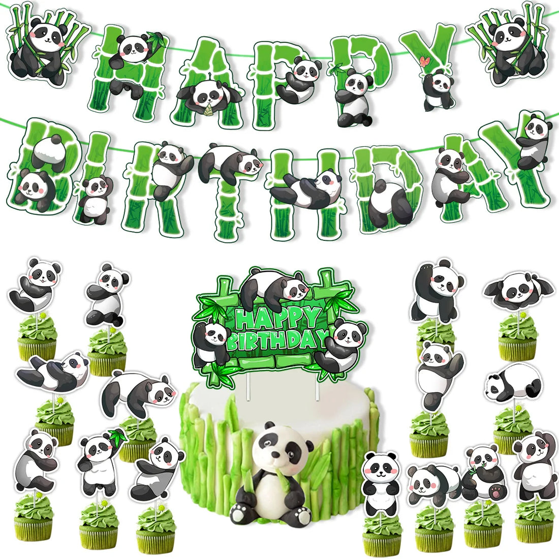 16pcs Panda Theme Birthday Party Cake Decorations Bamboo Panda Cake Inserts Happy Birthday Cake Toppers