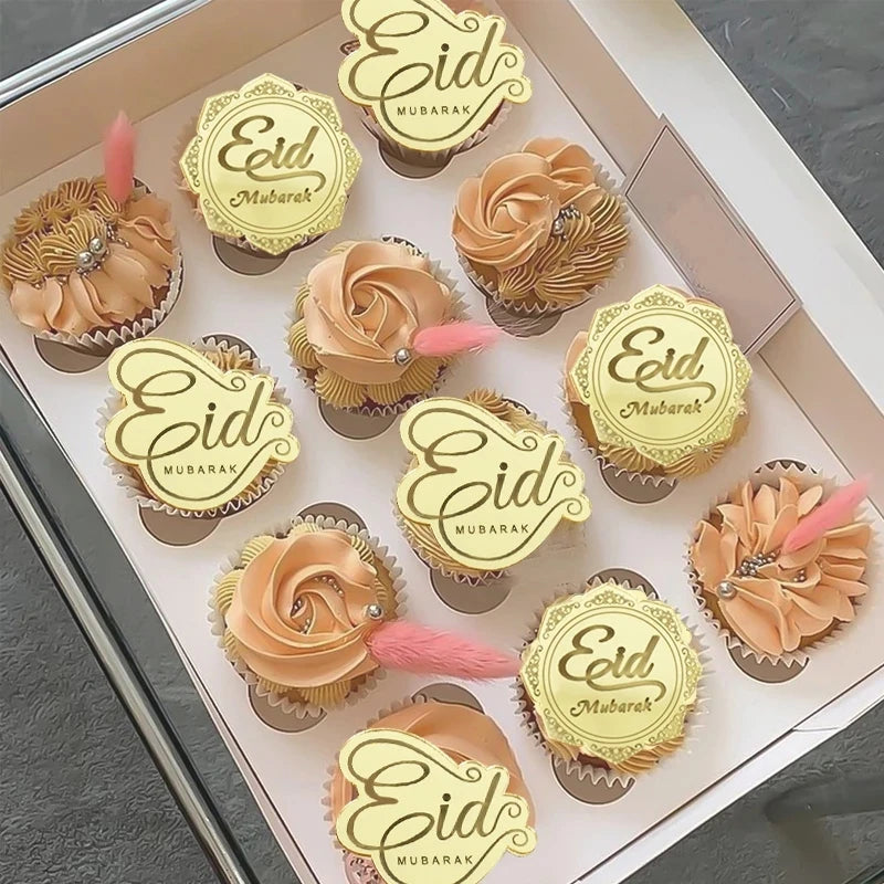 10pcs Eid Mubarak Acrylic Cupcake Toppers – Mirror Gold Cake Picks for Ramadan & 2024 Eid Decorations