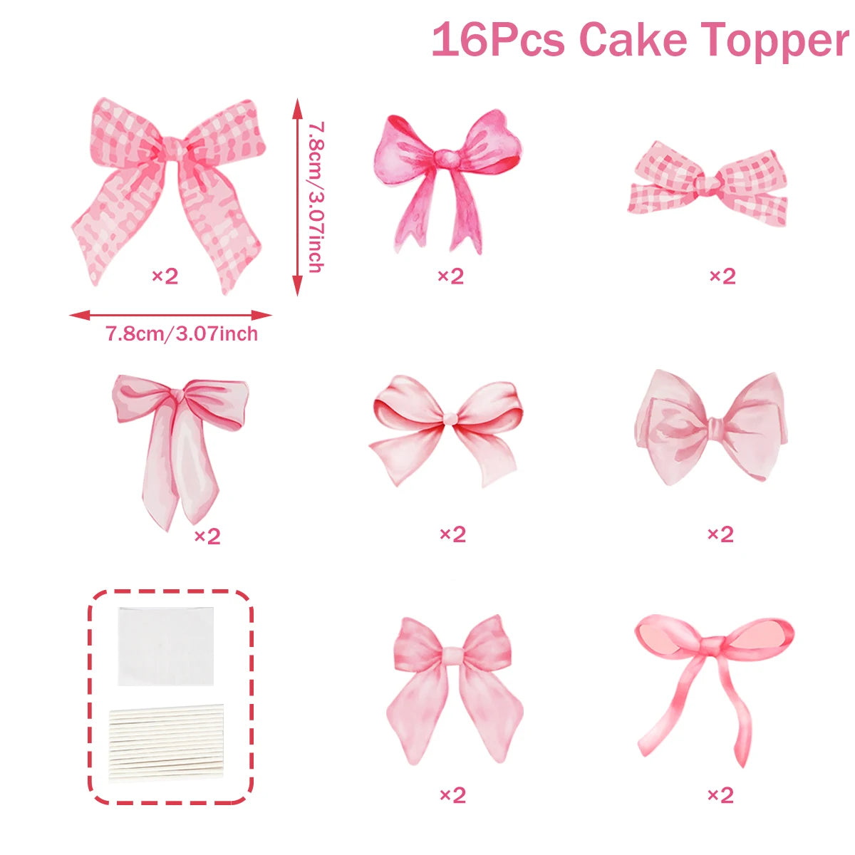 16pcs Pink Bow Shaped Cake Topper Happy Birthday Party Decoration Kids Girl Wedding Baby Shower Party Supplies Cupcake Decor