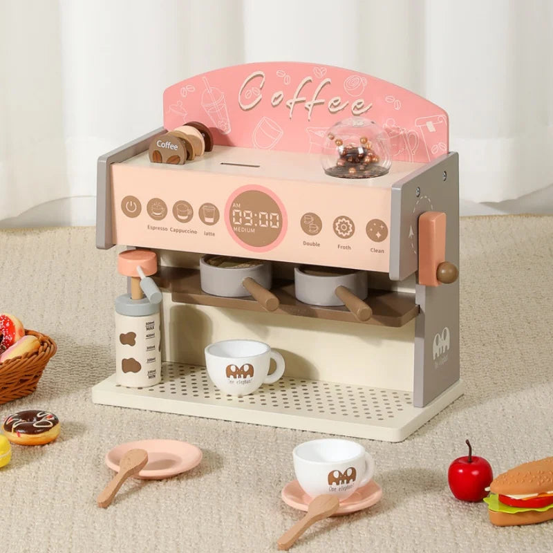 Children Coffee Machine Toy Set Wooden Kitchen Supplies Coffee Machine Model Children Play Simulation Coffee Cake Pretend Toys