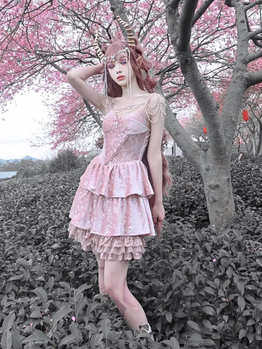 Blood Supply Original Design Romantic Pink Dress Velvet Slip Dress Lace Patch Ball Gown Cake Dress Sweet Lolita Vestidos Mujer