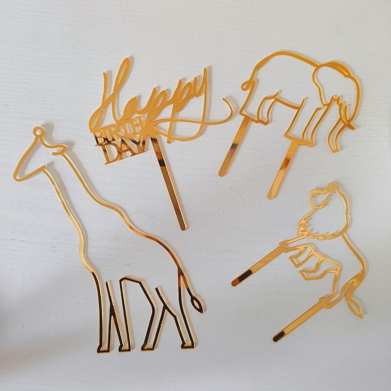 INS Original Animal Theme Happy Birthday Acrylic Cake Topper Gold Giraffe Cake Toppers for Baby Birthday Party Cake Decorations