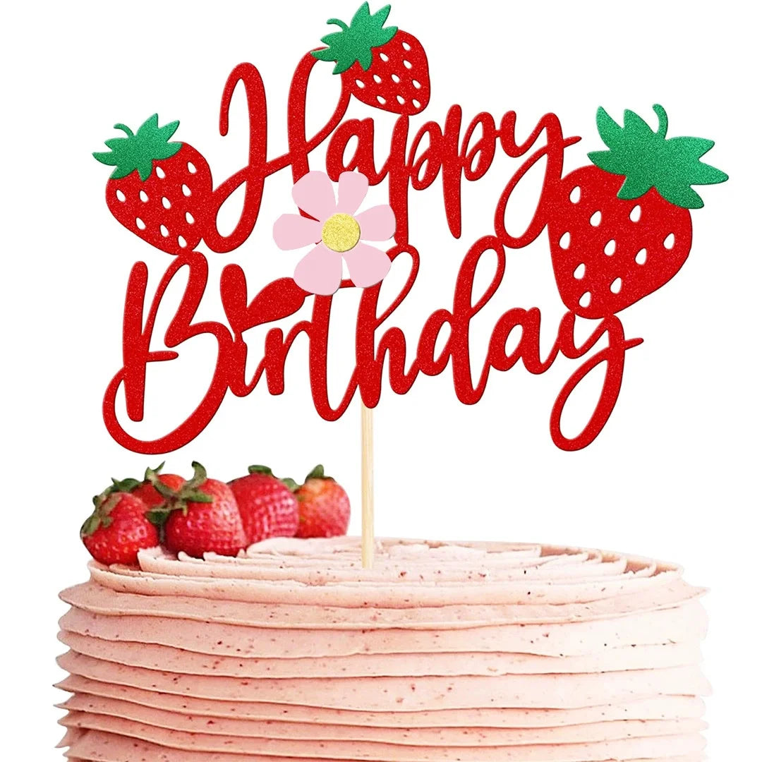 1set Strawberry Cake Topper Happy Birthday Decoration Girl 1st Birthday Party Baby Shower Cake Baking Decoration Supplies