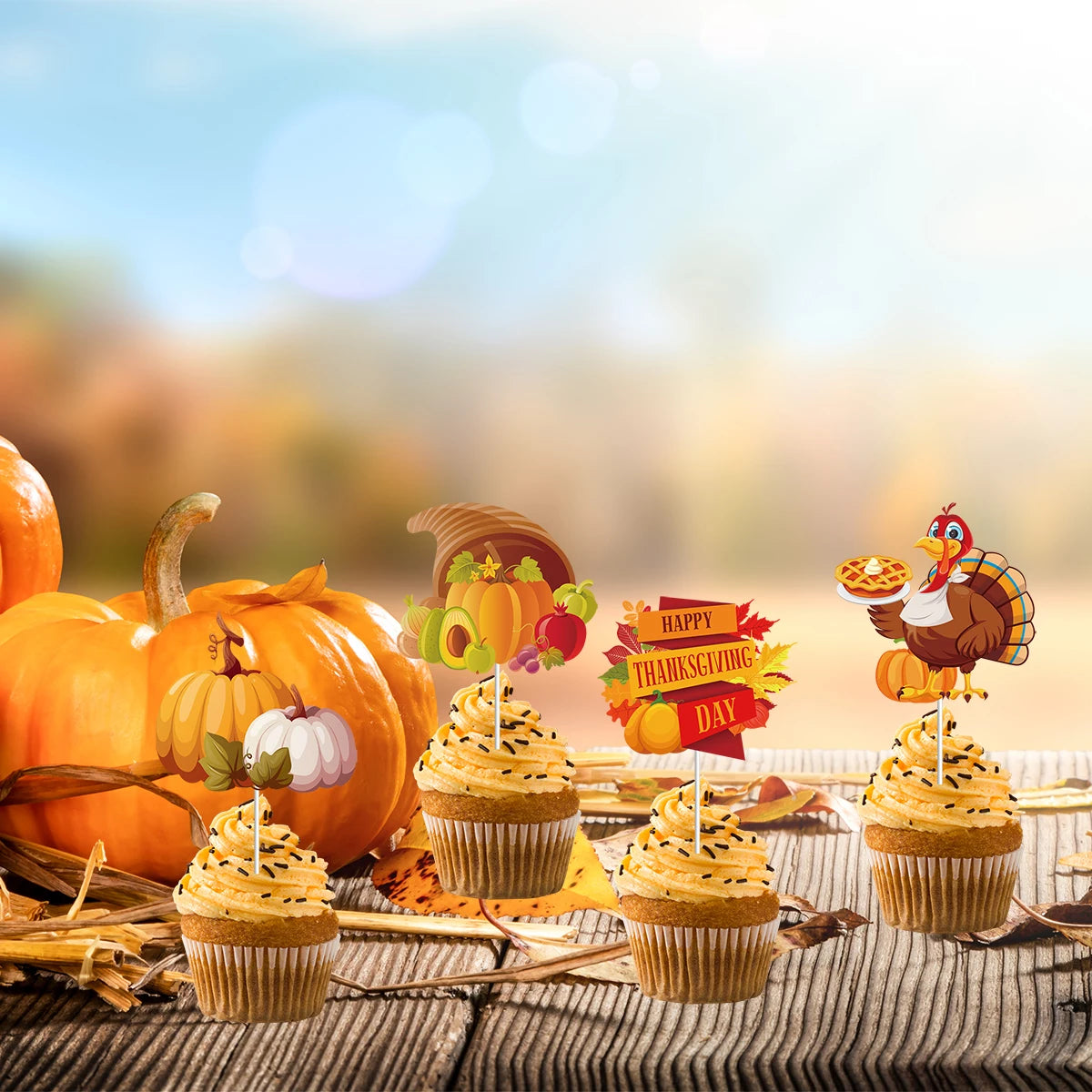 12/24pcs Thanksgiving Cupcake Topper Pumpkin Maple Cake Topper Fall Themed Turkey Food Picks Autumn Thanksgiving Cake Decoration