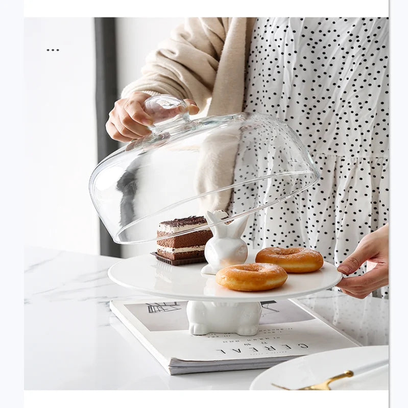 Nordic Cute Rabbit Cake Dish Ceramic Fruit Platter Dessert Dish Glass Cover Simple Household Birthday Party Wedding Supplies