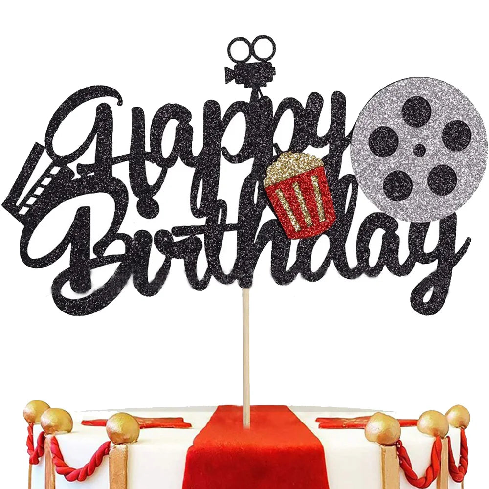 Movie Themed Party cake decor Cake topper banner Popcorn Cinema Ticket Lamplight Camera Movie Night Party Decoration cake topper