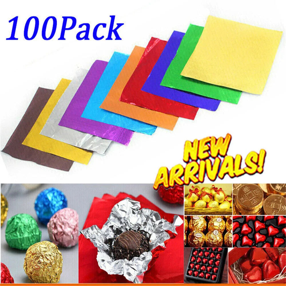 100pcs 8x8cm Aluminum Foil Wrapping Sheets – DIY Food Packaging for Chocolate & Candy