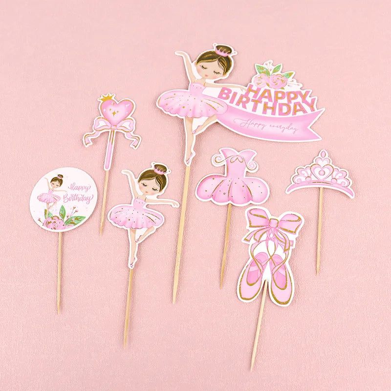 Pink Ballerina Girl Cake Topper Toppers Crown Dress Kids Happy Birthday Wedding Party Baby Shower Baking Cake Dessert DIY Decor