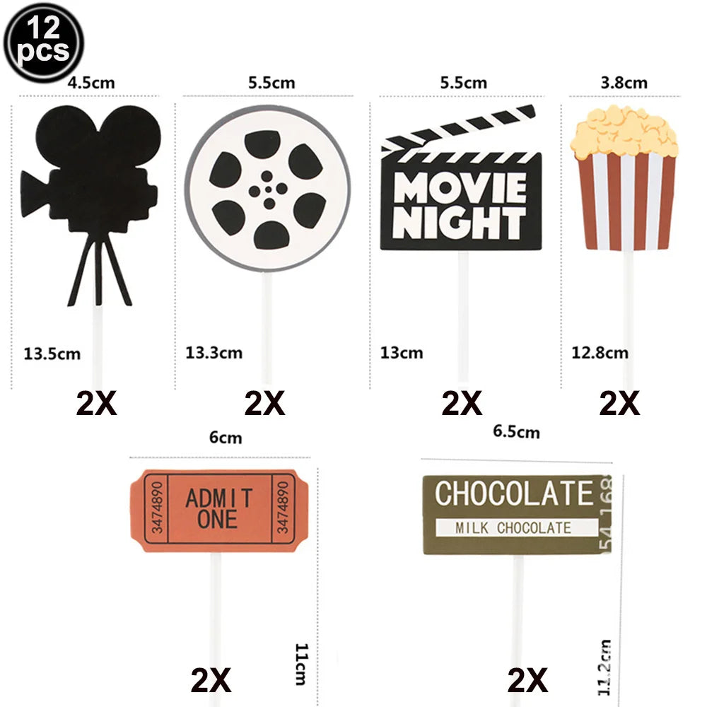 Movie Themed Party cake decor Cake topper banner Popcorn Cinema Ticket Lamplight Camera Movie Night Party Decoration cake topper