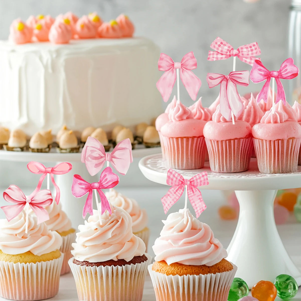 16pcs Pink Bow Shaped Cake Topper Happy Birthday Party Decoration Kids Girl Wedding Baby Shower Party Supplies Cupcake Decor