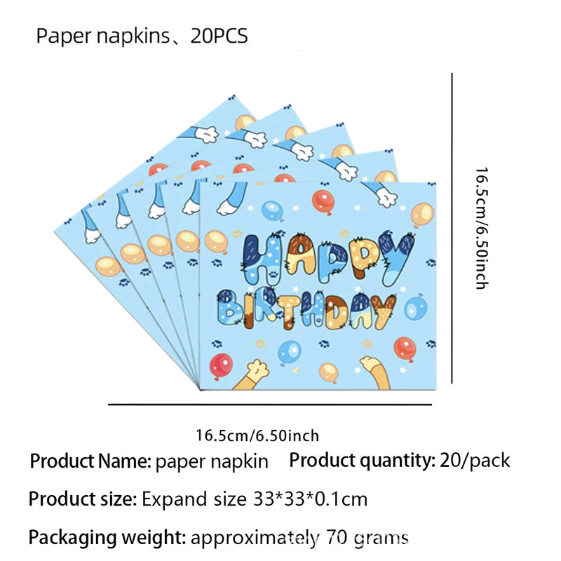 Cartoon Animation Bluey Theme Birthday Party Supplie Disposable Tableware Paper Plate Paper Cup Tissues Baby Shower Decor Supply