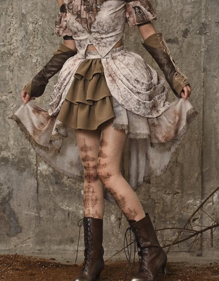 Blood Supply Original Gothic Autumn Ball Gown Dobby Asymmetric Skirt Lace Tie-dyed Multi Layers Mid Cake Skirt