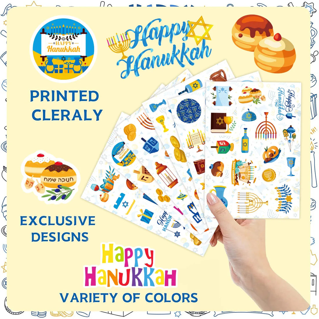 6 Sheets Cartoon Hanukkah Theme Candle Sealing Sticker Chanukah Round Gift Box Label for Jewish Happy Hanukkah Party Decoration