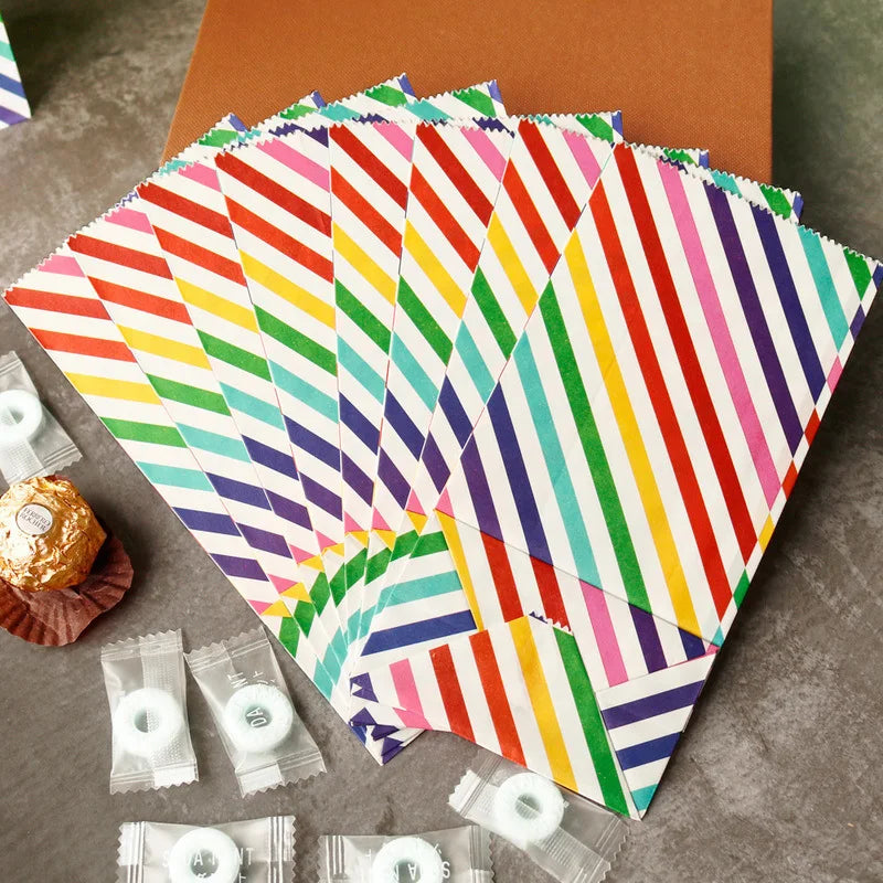 Small Paper Bags Rainbow Printed Candy Cookie Bag Pink Blue Kids Birthday Party Gift Bags Boxes DIY Baking Packaging Supplies