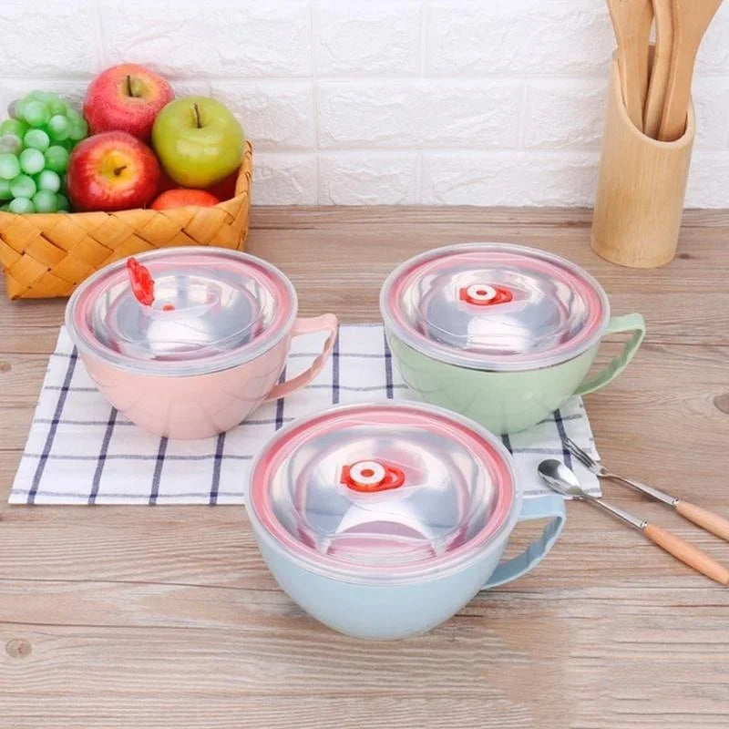Stainless Steel Bowl with Handle Solid Color Anti Scalding Instant Noodles Mixing Bowl Kitchen Tableware Food Accessory