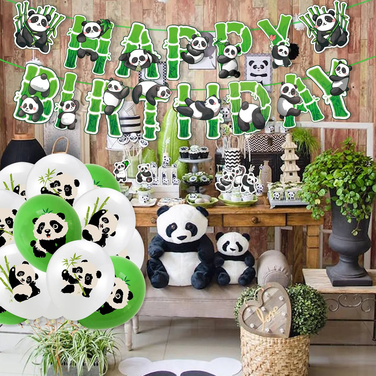 16pcs Panda Theme Birthday Party Cake Decorations Bamboo Panda Cake Inserts Happy Birthday Cake Toppers