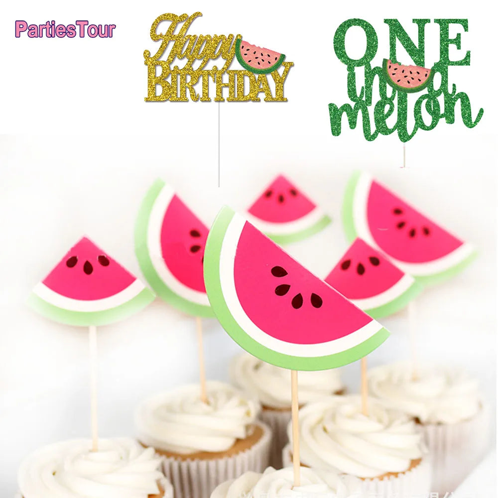 One in a Melon Cupcake Topper Baby Kids 1st Birthday Party Cake Decor Watermelon Themed Party Supplies Baby Shower Girl Birthday