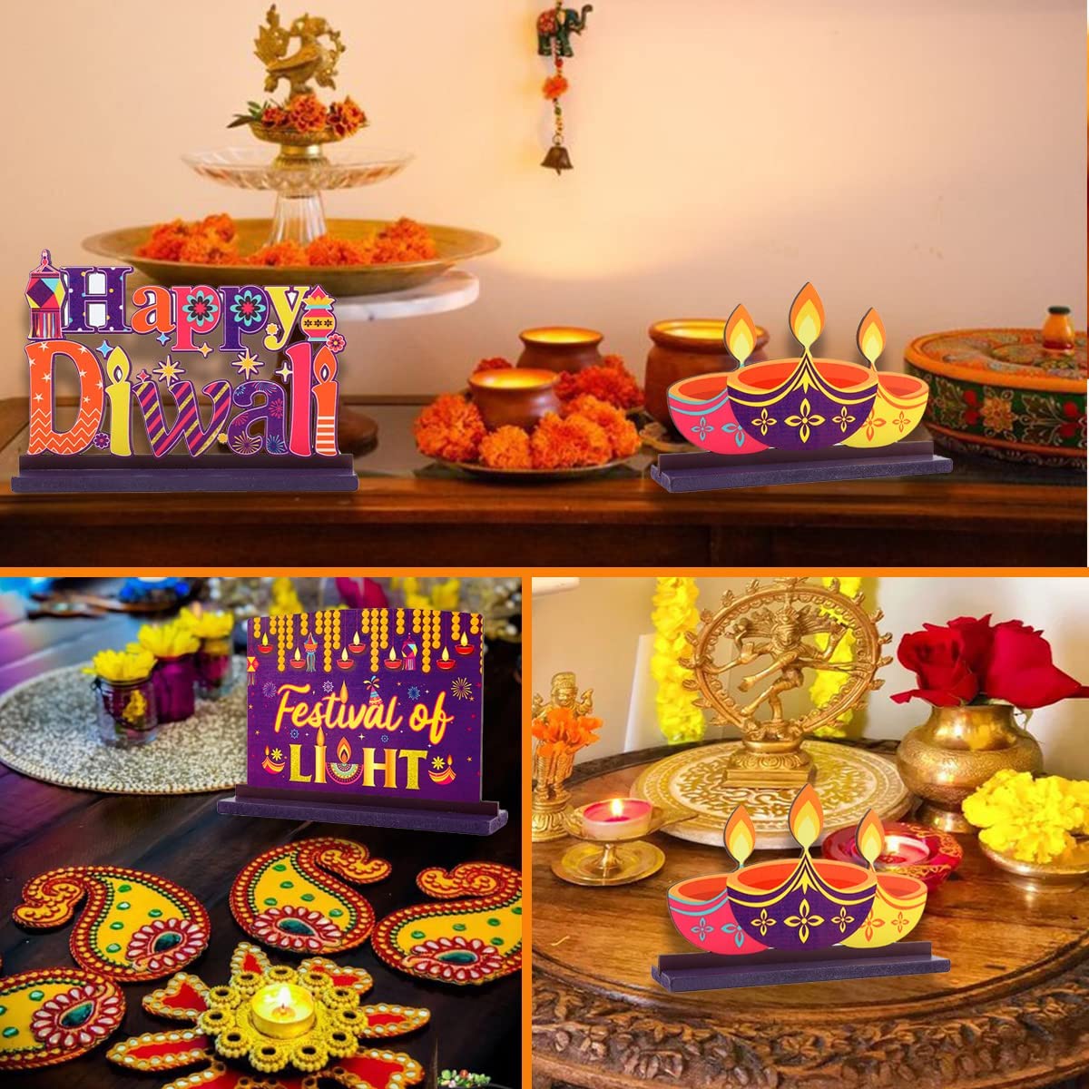 Cheereveal 3 Pcs Happy Diwali Table Decorations Indian Deepawali Wooden Centerpieces Ornament for Hindu Festival of Lights Decor