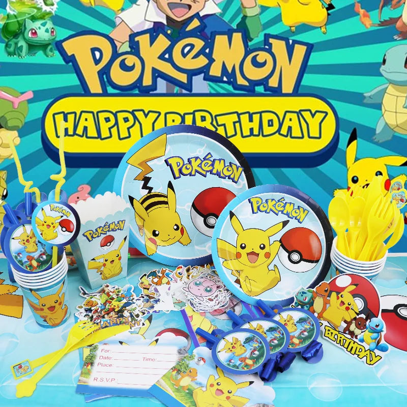Pokemon Birthday Party Decoration Set – Pikachu Balloon, Banner & Disposable Tableware for Kids