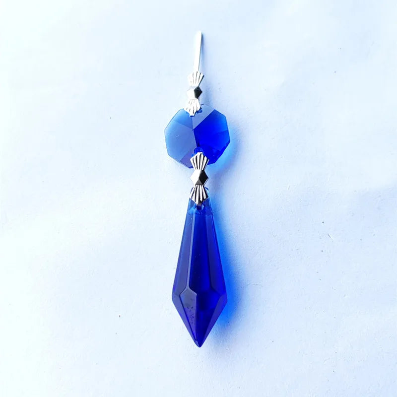 100PCS Blue GLASS ICICLE 63mm CRYSTAL PRISMS PENDANT SILVER BOW TIES For BIRTHDAY WEDDING Party CAKE TOPPER,EVEN PARTY SUPPLY