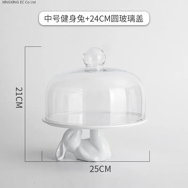 Nordic Cute Rabbit Cake Dish Ceramic Fruit Platter Dessert Dish Glass Cover Simple Household Birthday Party Wedding Supplies