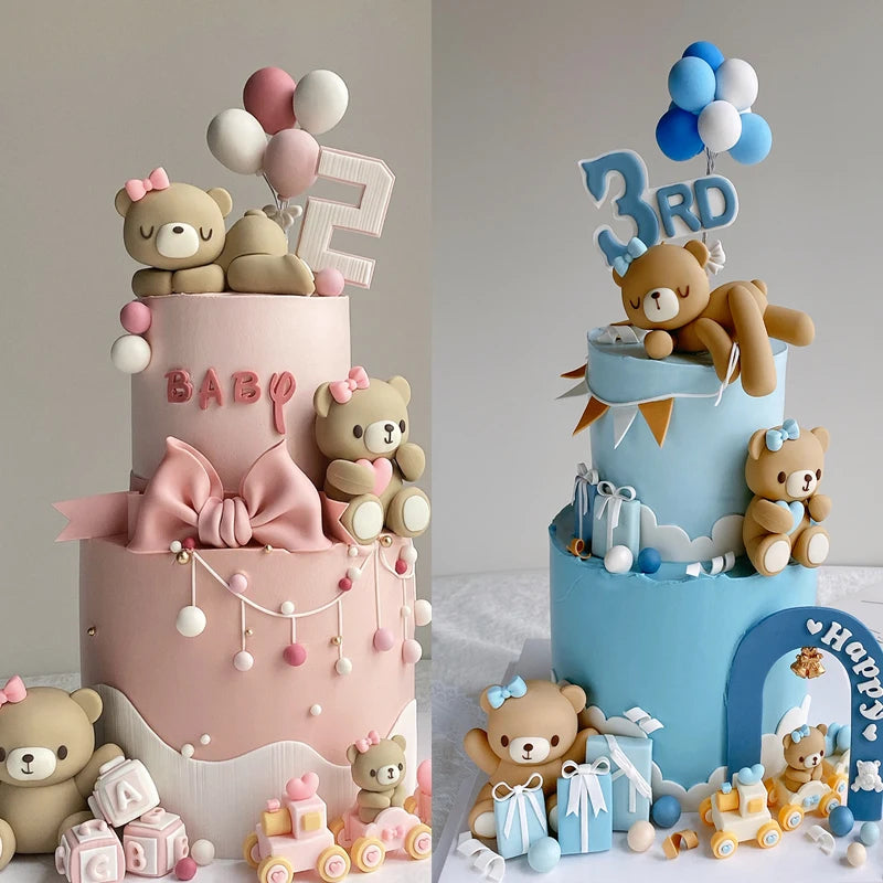 Pink Blue Bear Cake Topper Baby Shower Boy Girl Birthday Party Cake Decor Adult Birthday Gifts Wedding Cake Decorating Baking