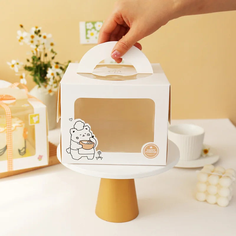 100Pcs/Lot 4 Inch Cartoon Window White Cake Box With Handle Kraft Paper Cheese Cake Box Kids Birthday Wedding Home Party Supply