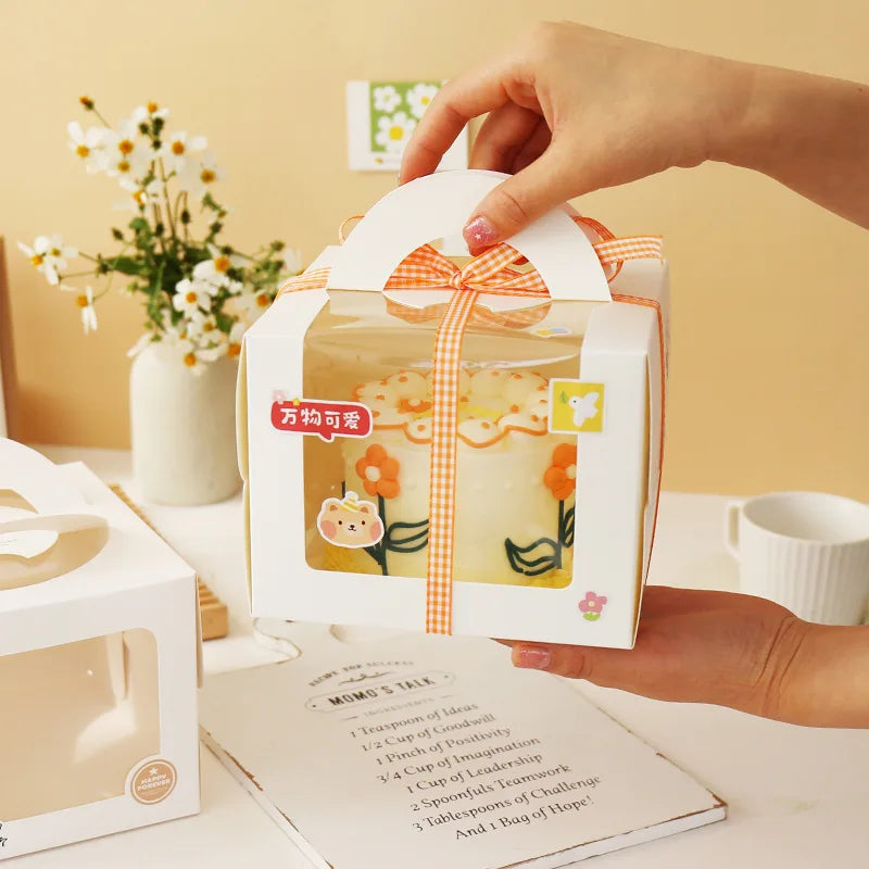 100Pcs/Lot 4 Inch Cartoon Window White Cake Box With Handle Kraft Paper Cheese Cake Box Kids Birthday Wedding Home Party Supply