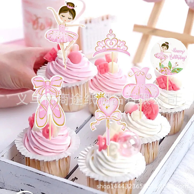 Pink Ballerina Girl Cake Topper Toppers Crown Dress Kids Happy Birthday Wedding Party Baby Shower Baking Cake Dessert DIY Decor