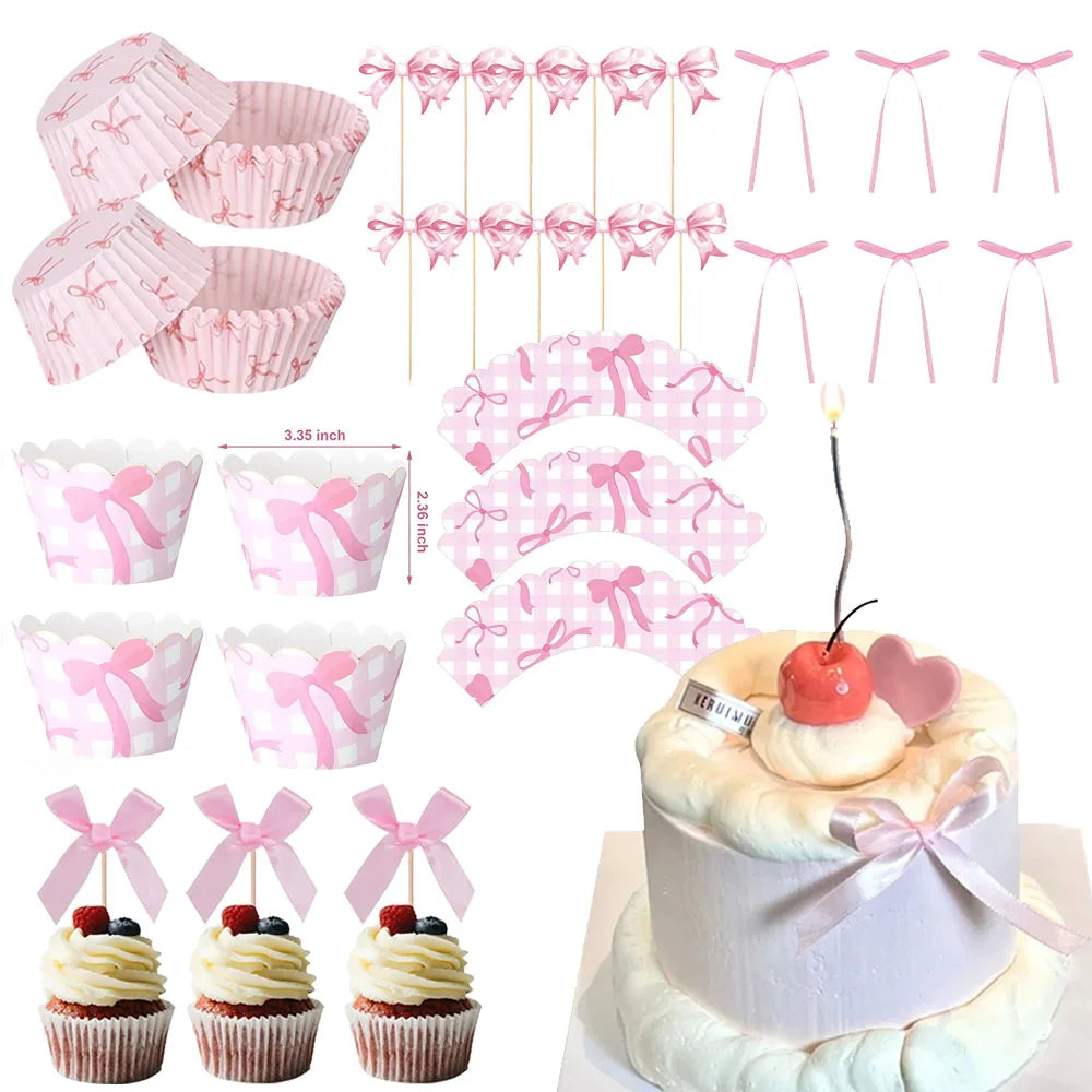 Pink Bow Cupcake Topper Pink Ballet Ribbon Bow Cake Decor Bow Themed Birthday Wedding Baby Shower Cake Topper Decor Supplies