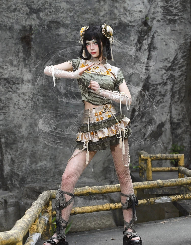 Blood Supply Original Design Dobby Lace Patch Mini Cake Skirt A-line Sashes Gold Skirt Punk Sweet Hot Girls Light Lolita Skirt