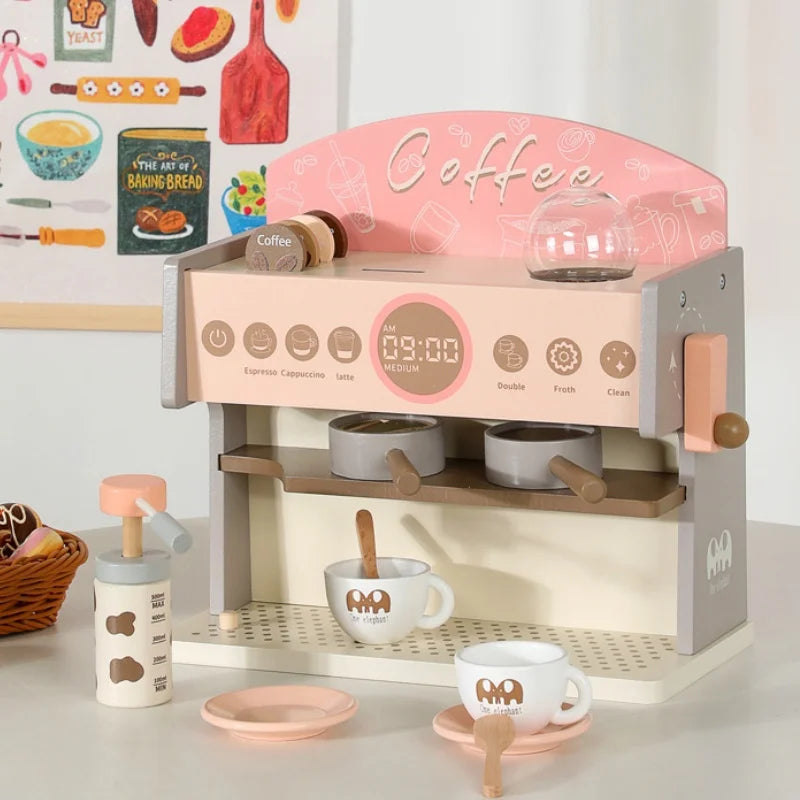 Children Coffee Machine Toy Set Wooden Kitchen Supplies Coffee Machine Model Children Play Simulation Coffee Cake Pretend Toys