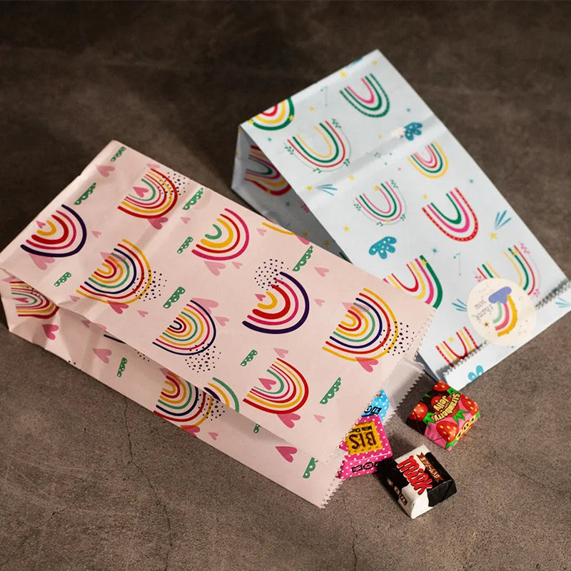 Small Paper Bags Rainbow Printed Candy Cookie Bag Pink Blue Kids Birthday Party Gift Bags Boxes DIY Baking Packaging Supplies