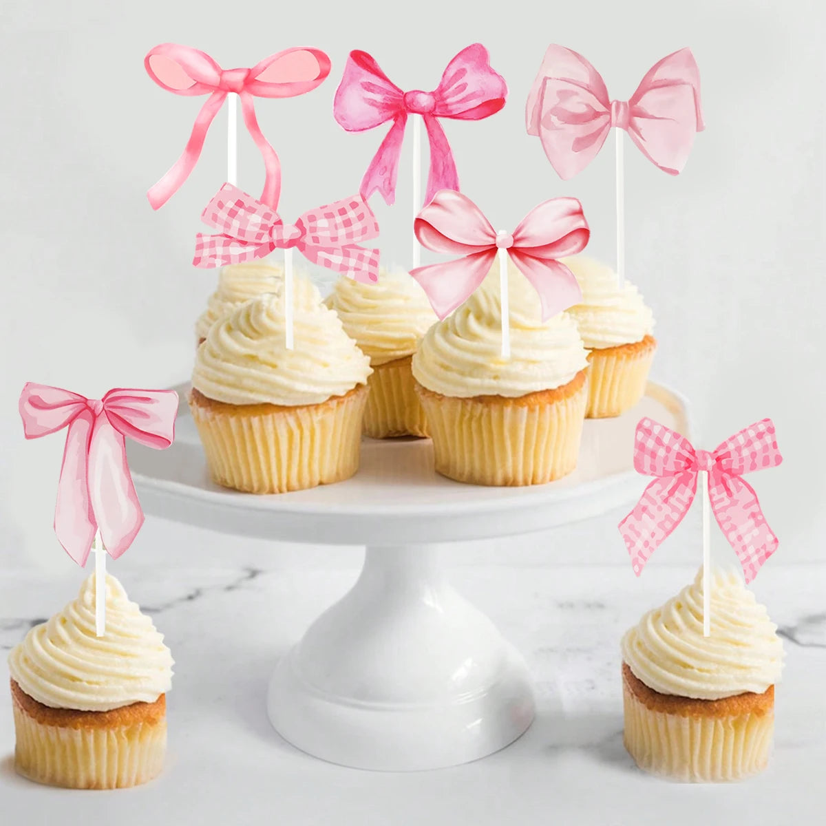16pcs Pink Bow Shaped Cake Topper Happy Birthday Party Decoration Kids Girl Wedding Baby Shower Party Supplies Cupcake Decor