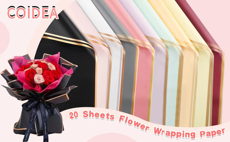 20 Sheets Pink Flower Wrapping Paper with Golden Edges, Waterproof Packaging, Ideal for DIY Crafts, Wedding Bouquets, Weddings