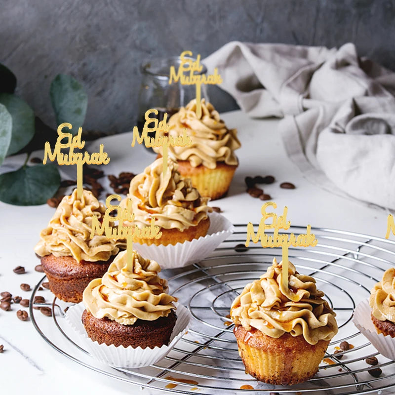10pcs Eid Mubarak Acrylic Cupcake Toppers – Mirror Gold Cake Picks for Ramadan & 2024 Eid Decorations