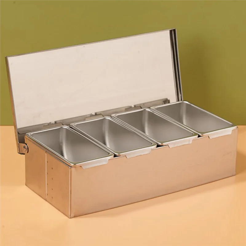 A29M-Section Seasoning Box Stainless Steel Ingredients Box Cheese Sauce Salt Sugar Box Spice Jar Baking Tool