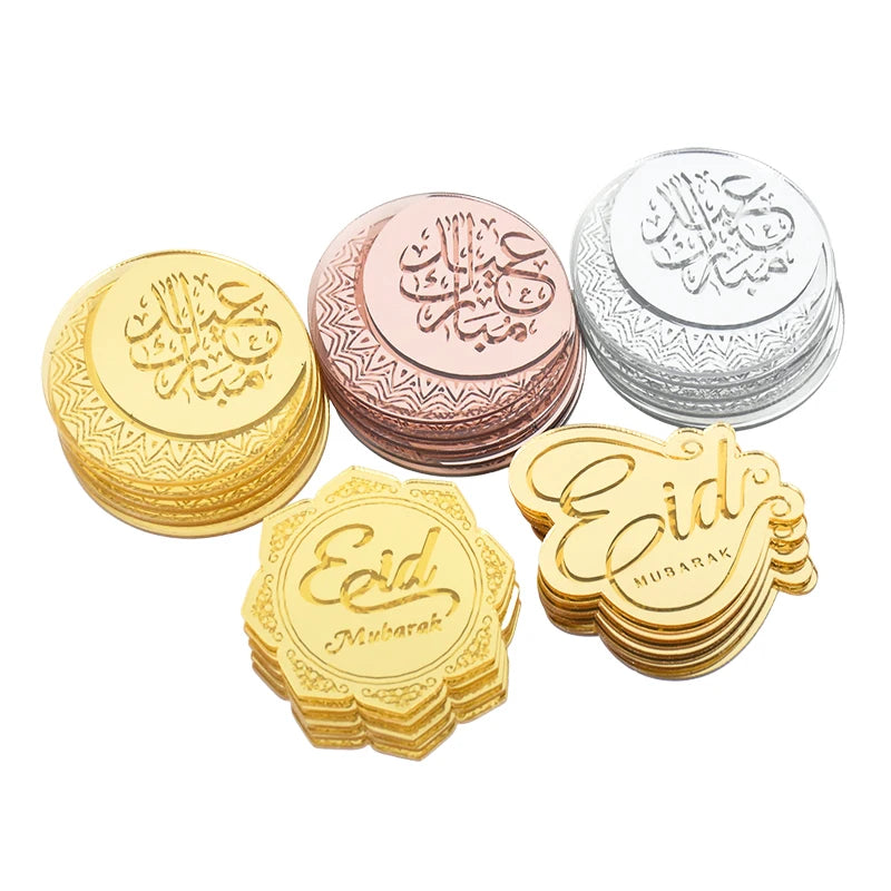 10pcs Eid Mubarak Acrylic Cupcake Toppers – Mirror Gold Cake Picks for Ramadan & 2024 Eid Decorations