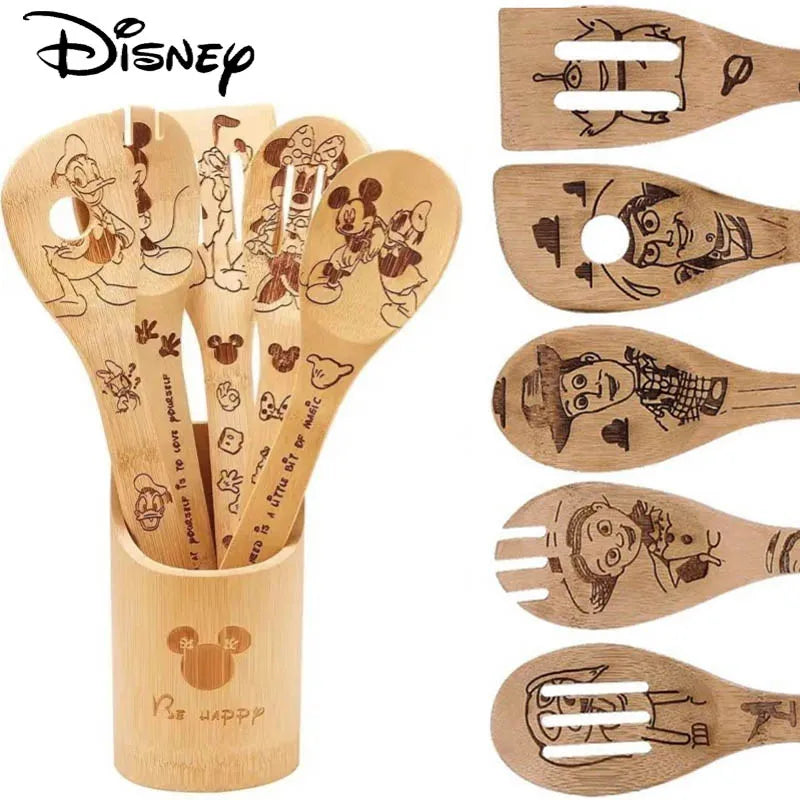 5PCS Disney Mickey Minnie Kitchen Product Anime Figure Spoon Shovel Toy Story Cartoon bamboo Shovel Kitchen baking tool set Gift